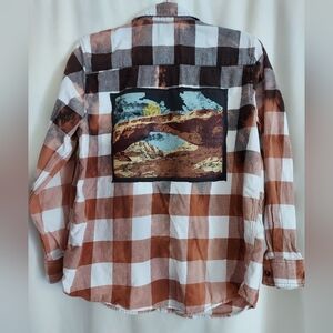 Upcycled Wrangler Brown and White Flannel Shirt with Scenic Patch